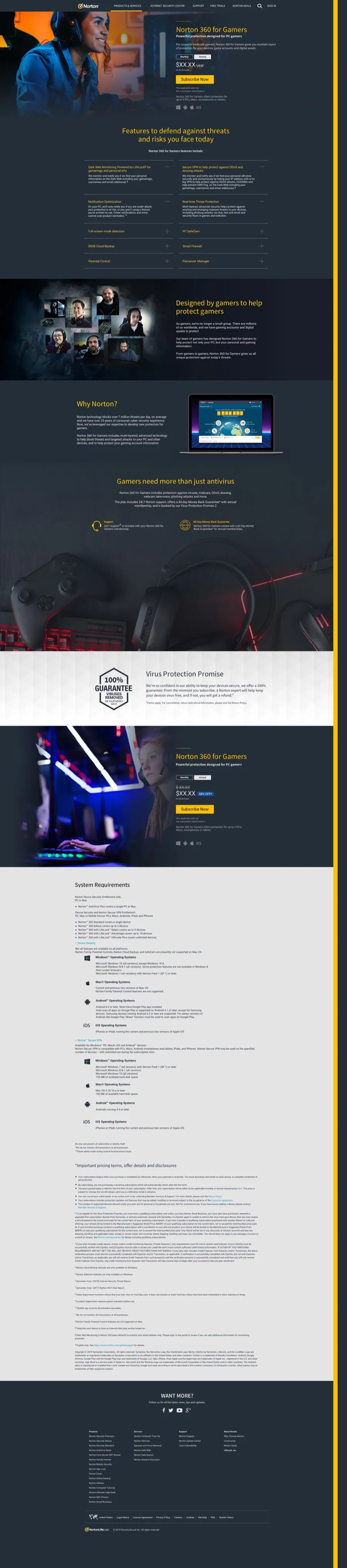 Norton Gamer product page visual design on desktop