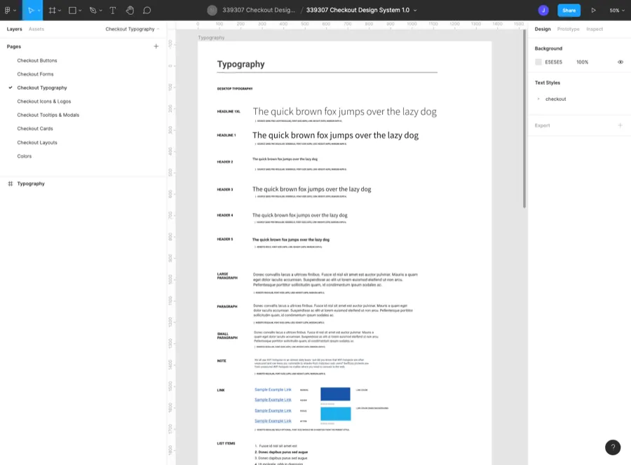 Typography scale and specimens in the checkout design system
