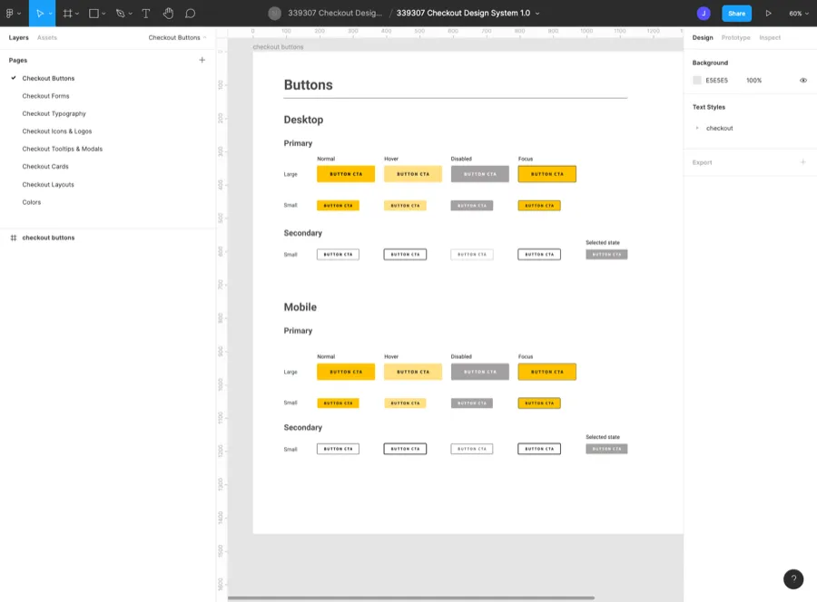 Primary and secondary button states in the checkout design system