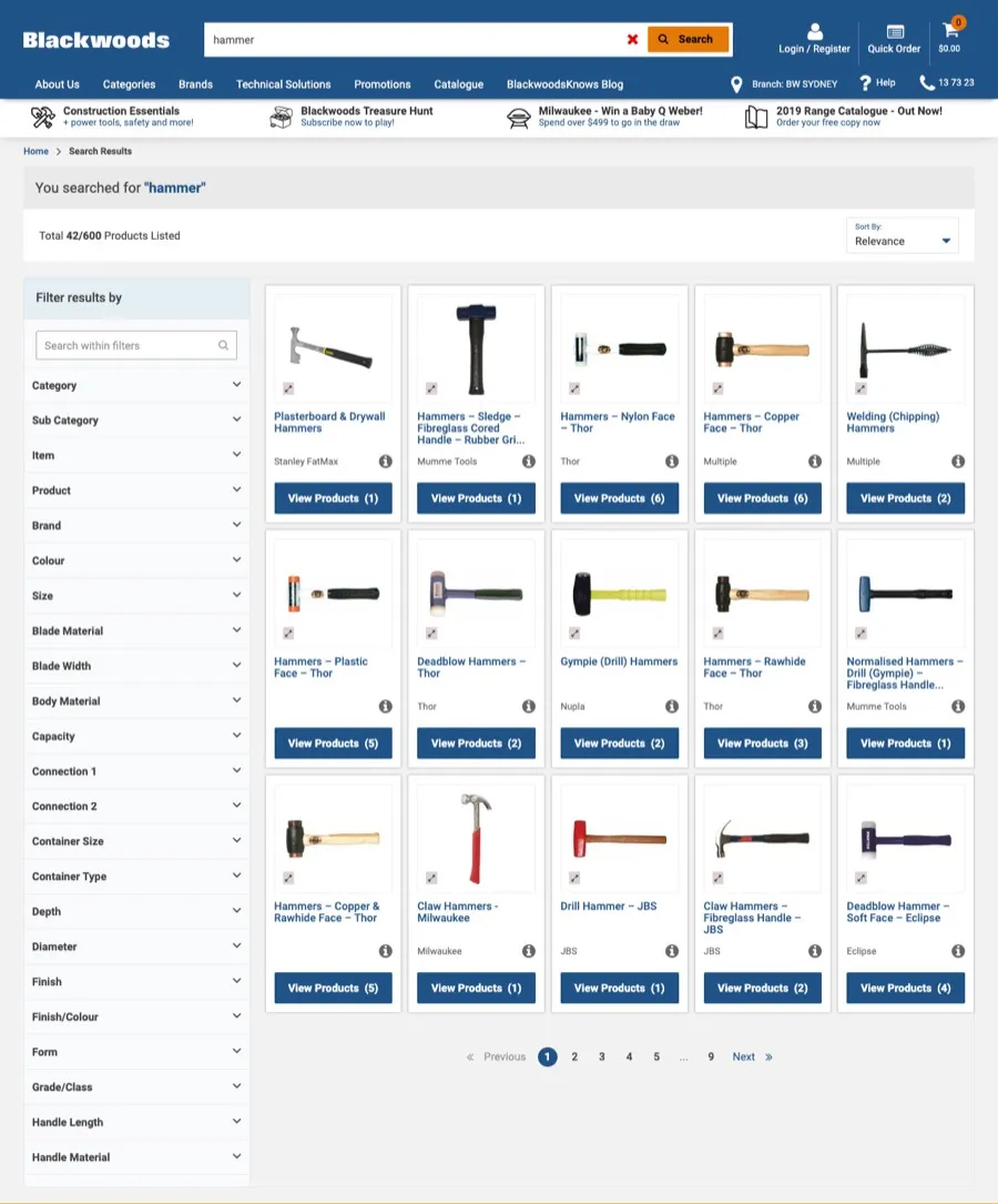 Blackwoods existing search results page