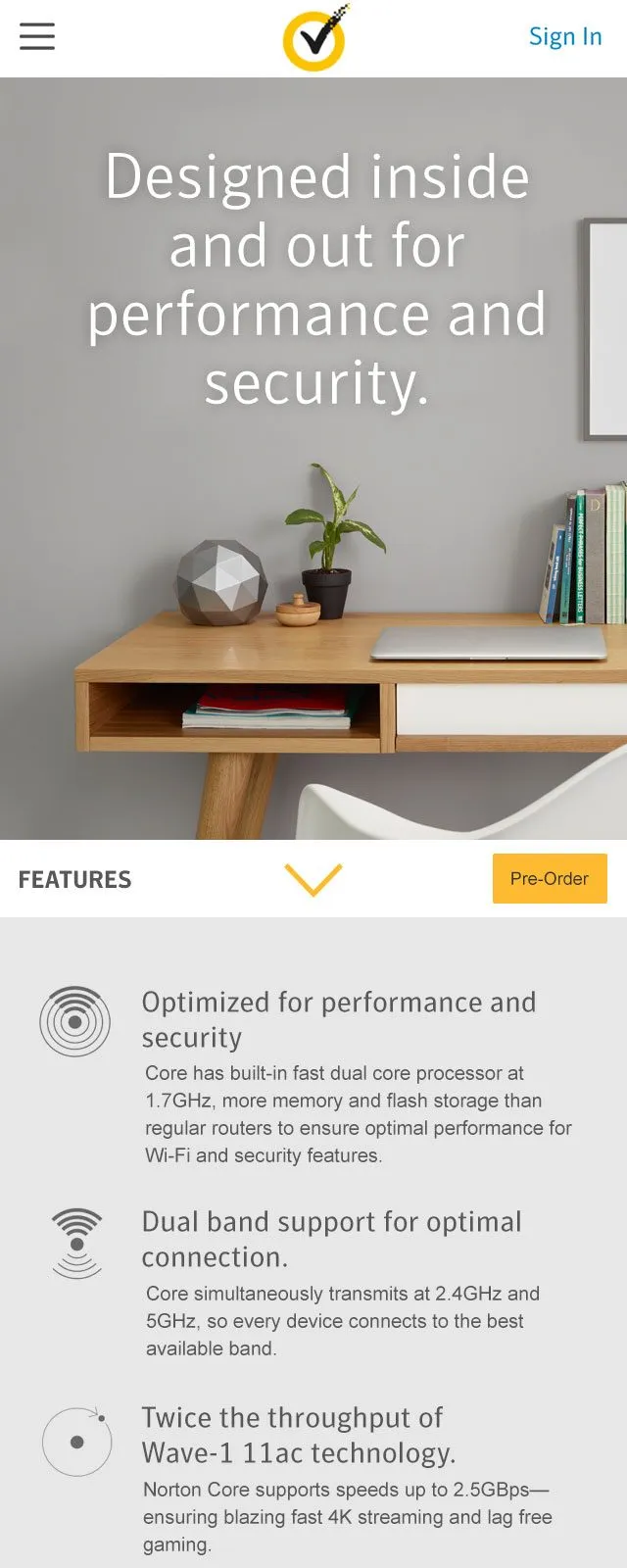 Norton Core microsite UI design, mobile (3 of 3)